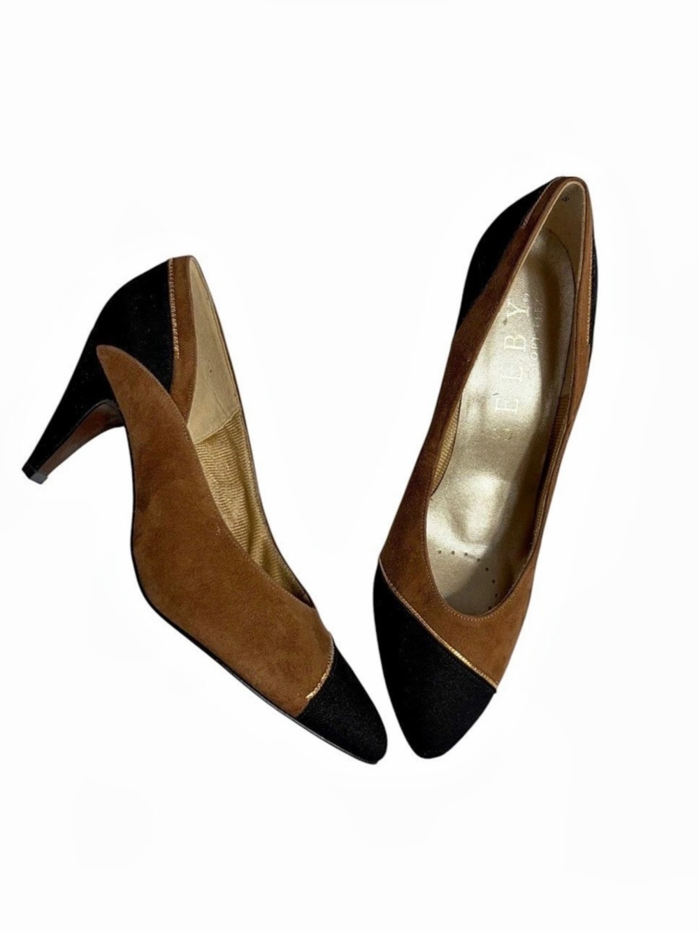 Vintage 90s Shelby Color Block suede Leather Heels Brown & Black gold US 8 M